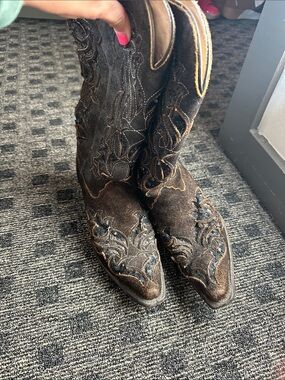 Women's Brown Embroidered Suede Heeled Cowboy Boots